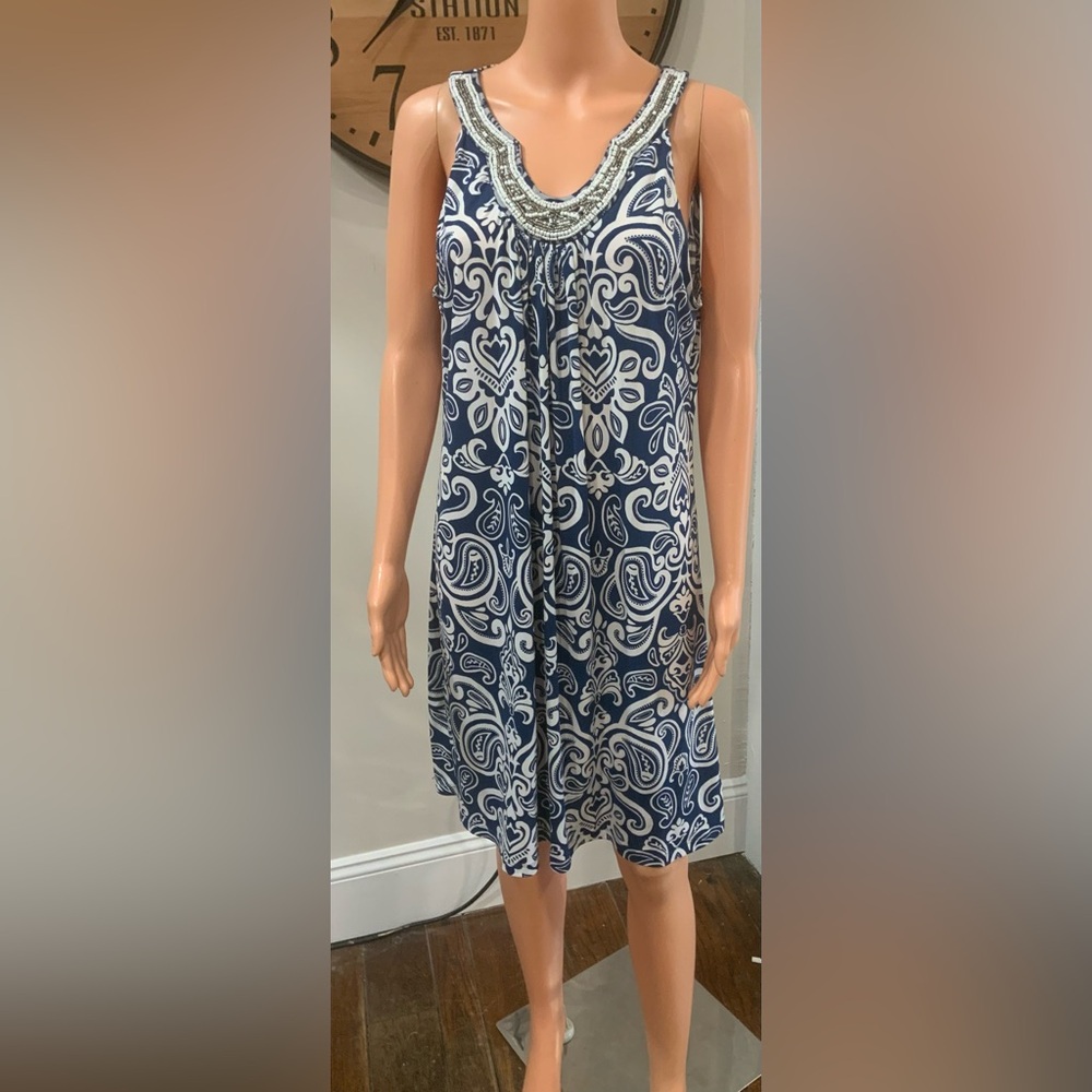 Apt. 9 Navy and White Beaded Swim Cover-Up Dress